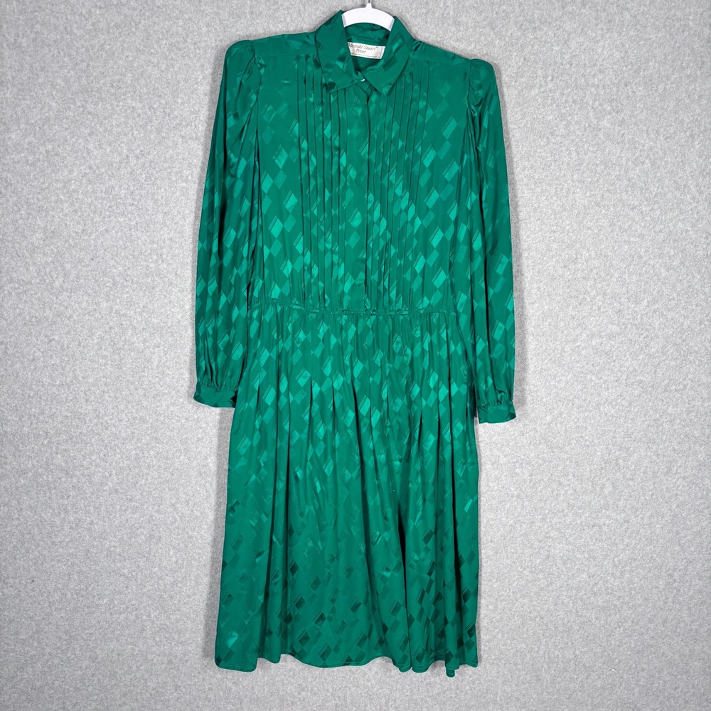 Vintage 80s Pleated 100% Silk Midi Dress 6P Emerald Green Shiny Puff Sleeve